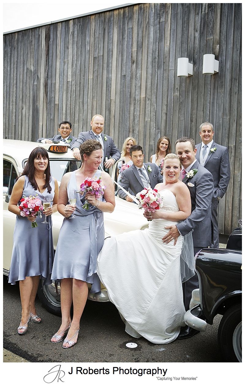 Bridal party with london cab bridal cars - sydney wedding photography 